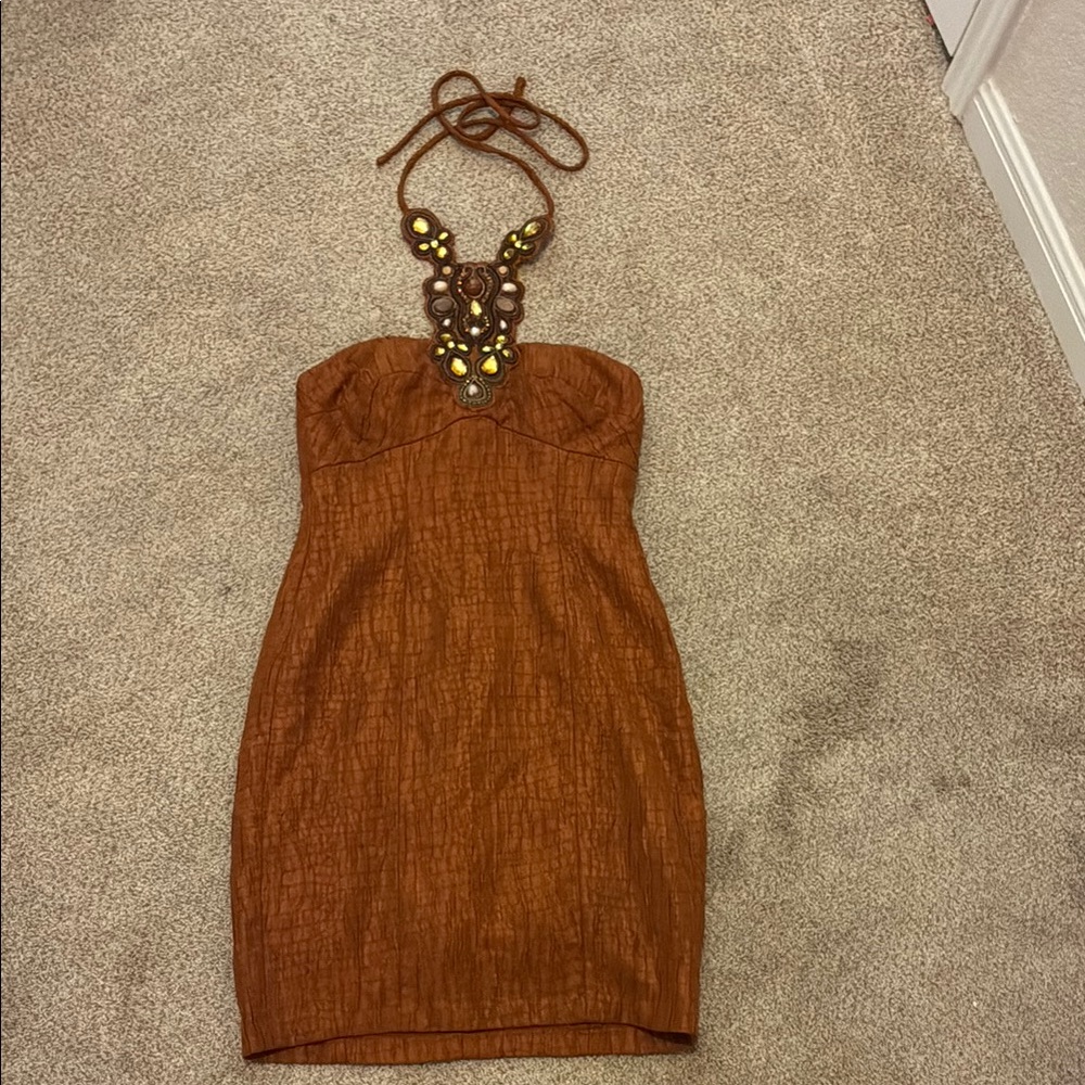 Muse Brown Ribbed Strapless Bodycon Dress